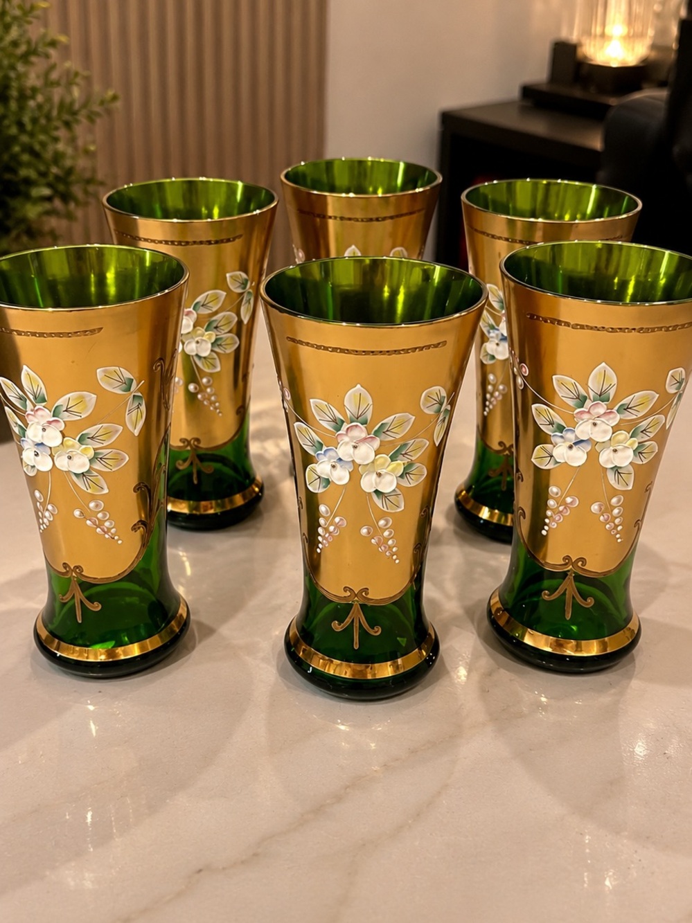 Hand-Painted Green and Gold Floral Glass Tumblers - Set of 6